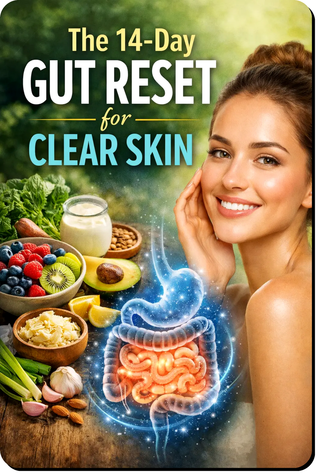 14-Day Gut Reset for Clear Skin guide showing gut health foods and nutrition strategies designed to support clearer skin and improved digestion