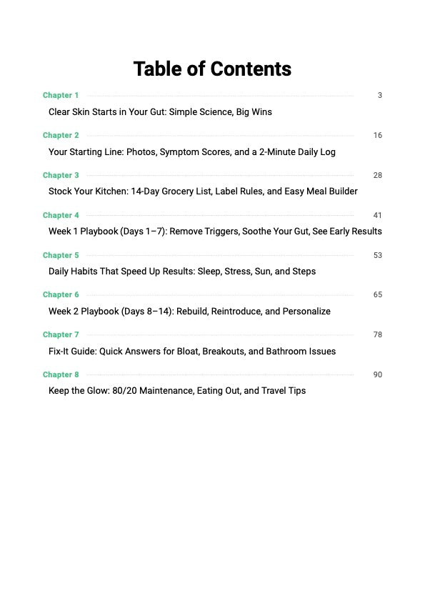 14-Day Gut Reset for Clear Skin guide table of contents showing chapters covering gut-skin connection, trigger removal and 14-day grocery reset plan