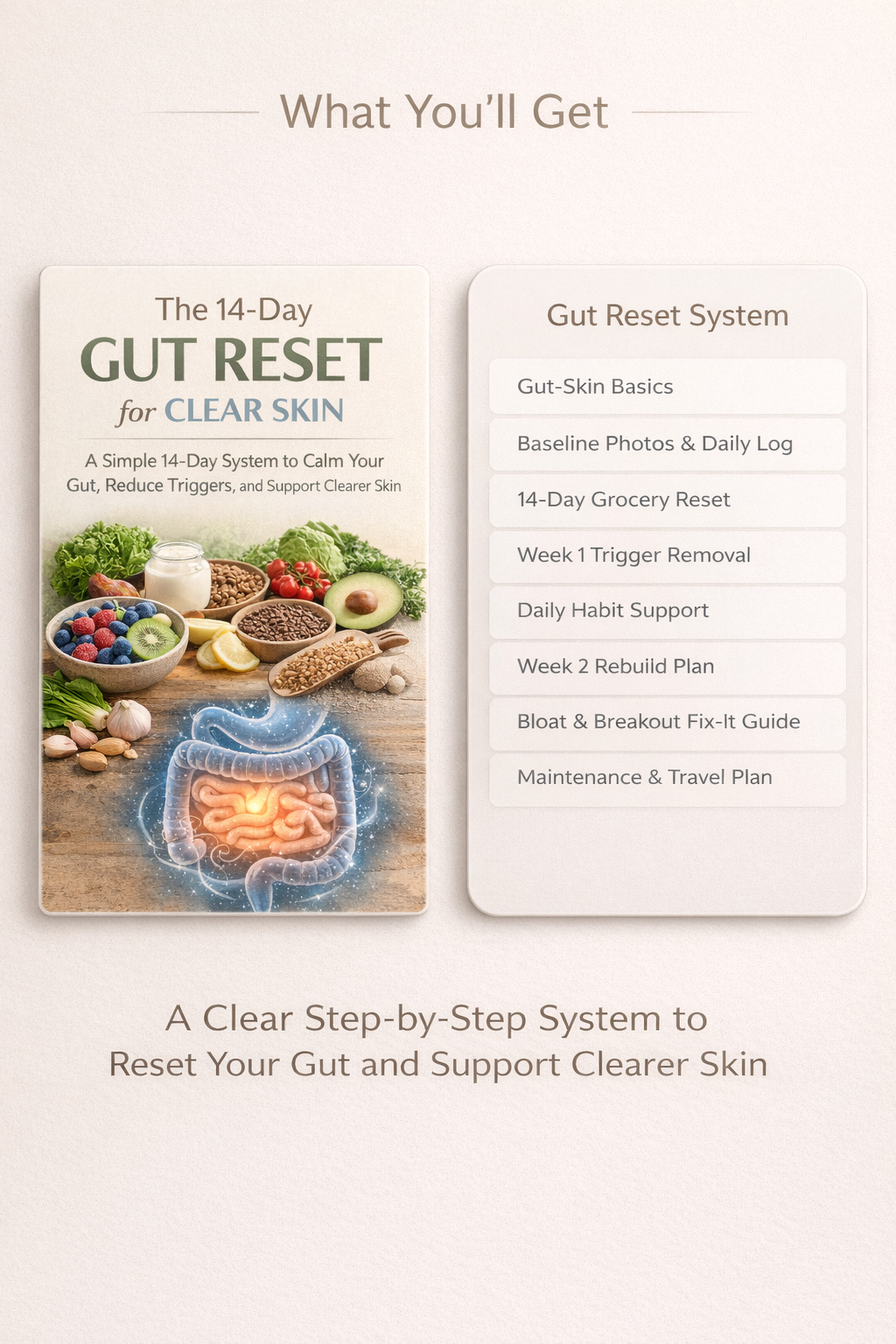14-Day Gut Reset for Clear Skin guide and gut reset system showing 8 steps from gut-skin basics to maintenance plan to reduce breakouts through gut health