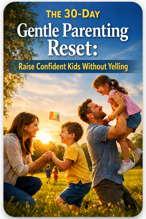 30-Day Gentle Parenting Reset guide and parenting reset system showing 8 steps from gentle parenting basics to 30-day transformation plan to raise confident kids without yelling