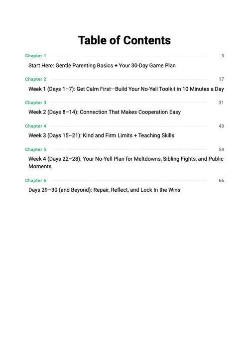 30-Day Gentle Parenting Reset guide table of contents showing chapters covering tantrum tools, calm communication and 30-day parenting reset plan