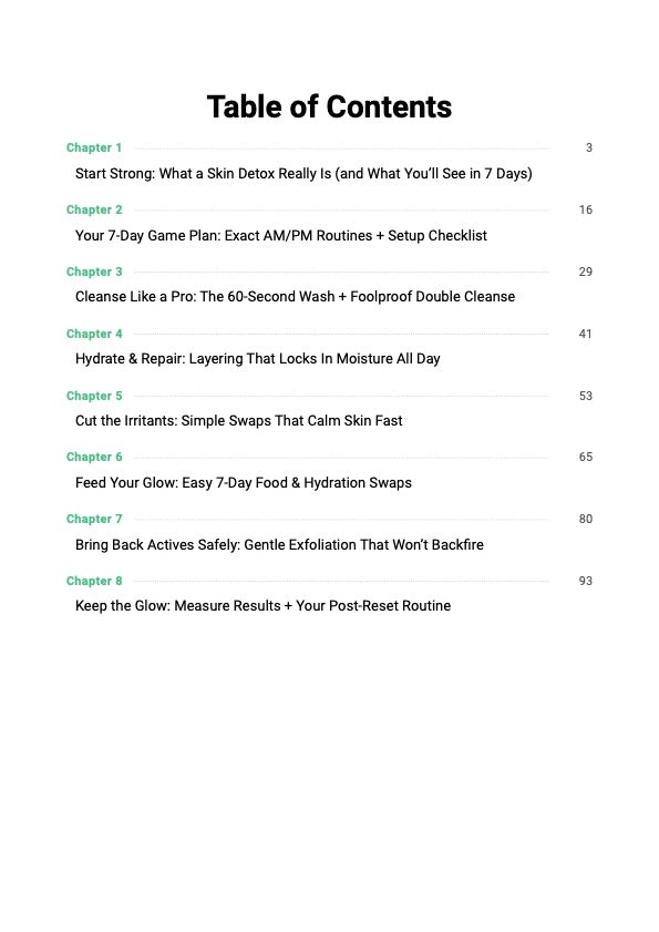 7-Day Skin Detox Reset guide table of contents showing chapters covering skin barrier repair, AM/PM routines and 7-day skincare detox plan