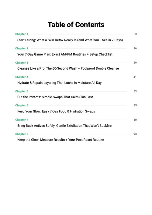 7-Day Skin Detox Reset guide table of contents showing chapters covering skin barrier repair, AM/PM routines and 7-day skincare detox plan