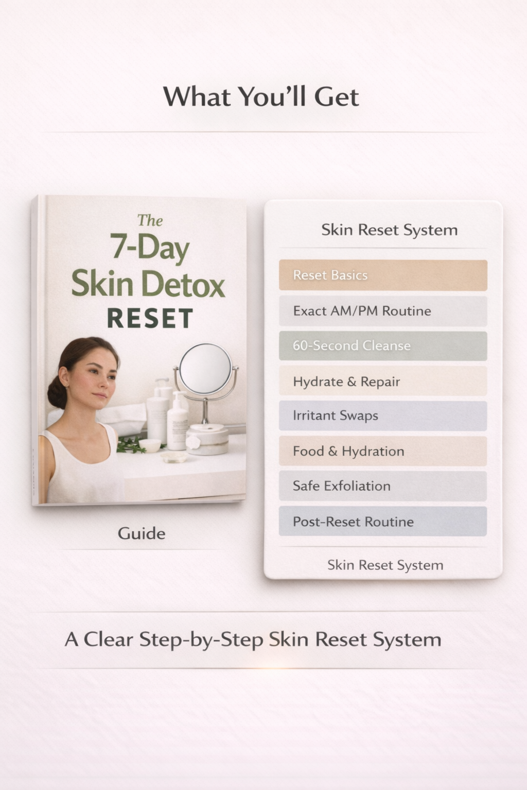 7-Day Skin Detox Reset guide and skin reset system showing 8 steps from reset basics to post-reset routine for clear healthy skin