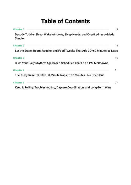7-Day Toddler Nap Reset guide table of contents showing nap schedule chapters, wake window strategies and 7-day reset plan for overtired toddlers