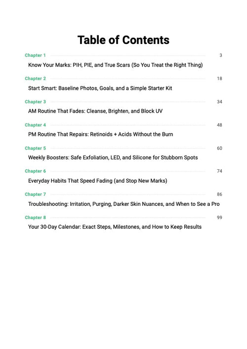 Acne Scar Repair System guide table of contents showing chapters covering PIH vs PIE, AM/PM fade routines and 30-day acne scar fade calendar