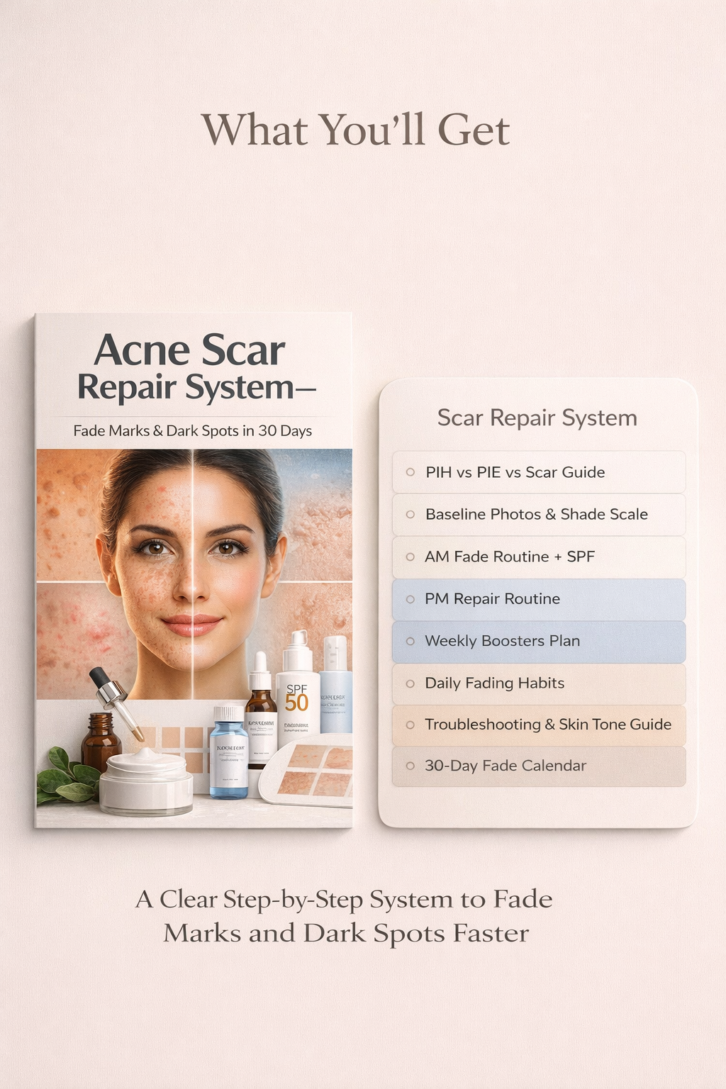 Acne Scar Repair System guide and scar repair system showing 8 steps from PIH vs PIE guide to 30-day fade calendar to fade acne marks and dark spots