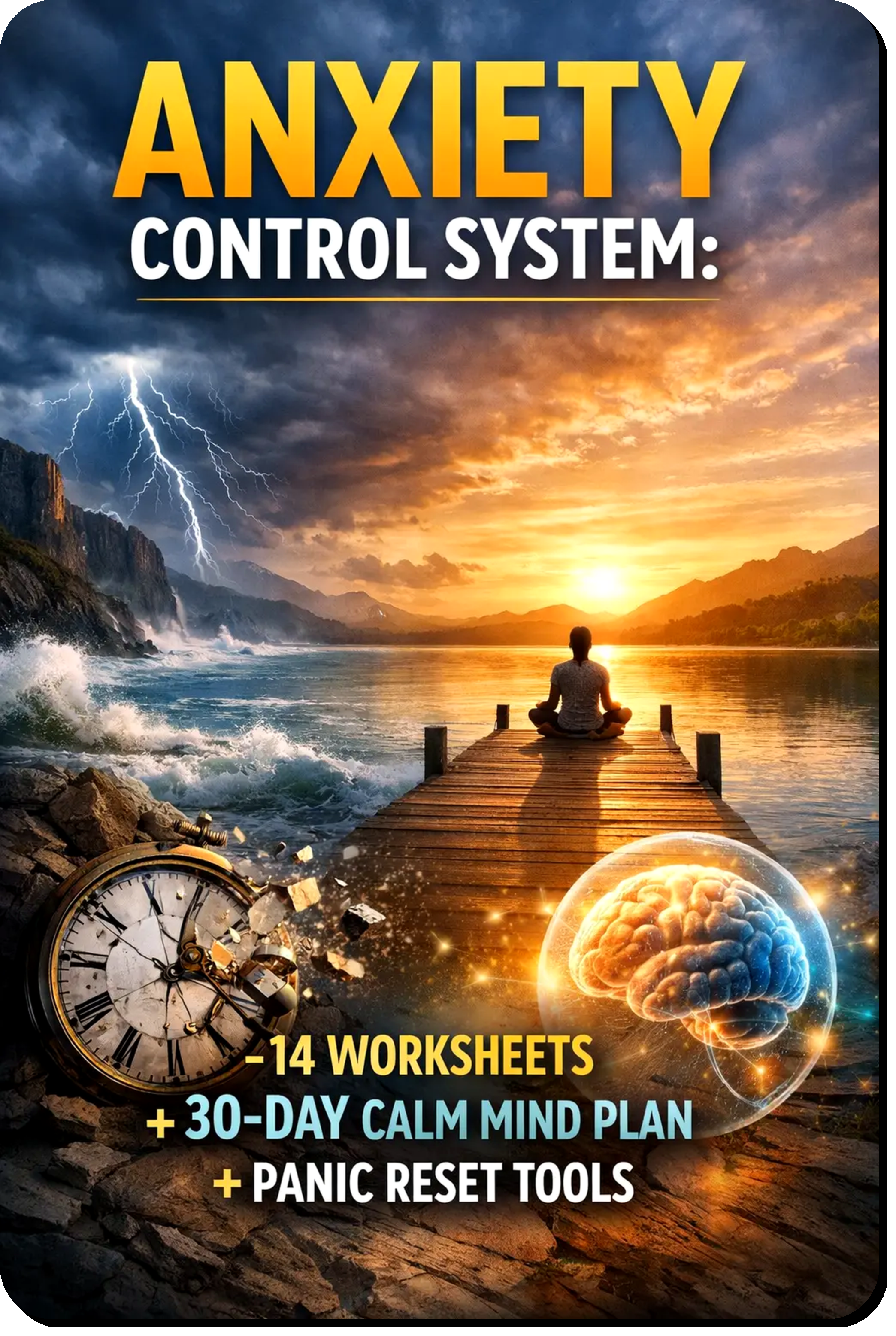 Anxiety Control System digital guide with 14 worksheets and a 30-day calm mind plan designed to reduce anxiety, manage panic triggers, and restore emotional balance.