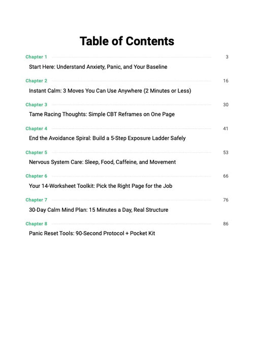 Anxiety Control System guide table of contents showing chapters covering CBT reframing, nervous system reset and 30-day calm mind structured plan