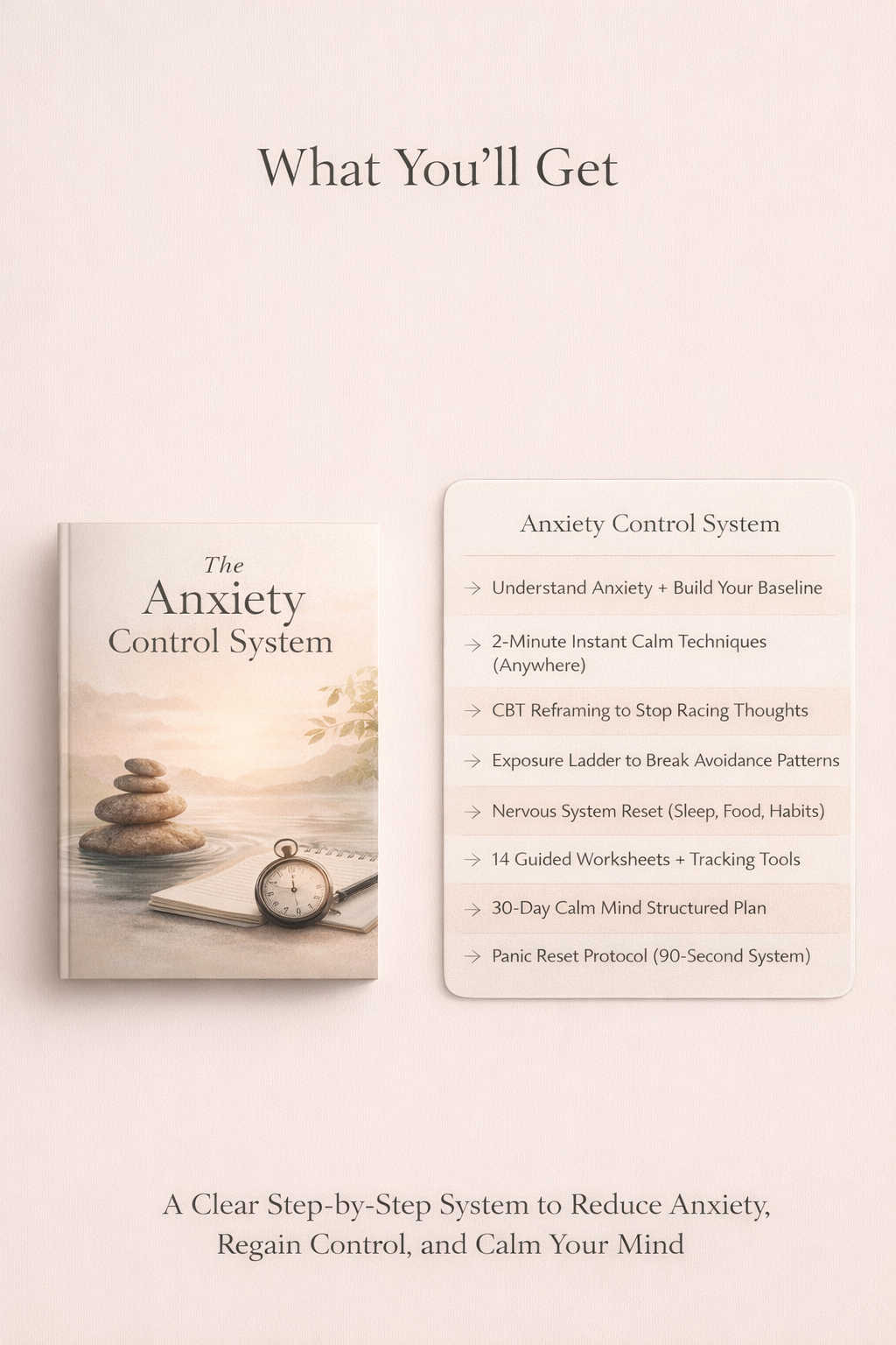 Anxiety Control System guide and anxiety control system showing 8 steps from anxiety basics to panic reset protocol to reduce anxiety and calm your mind