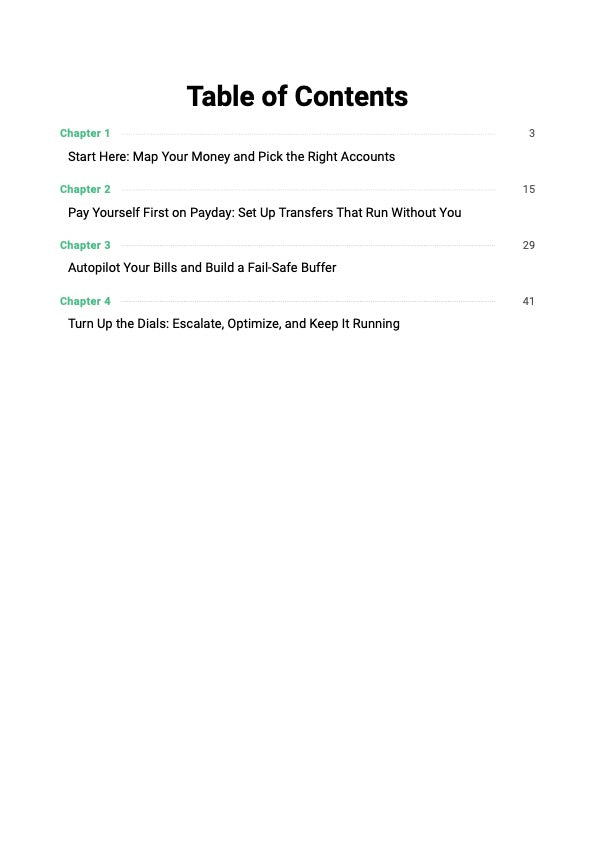 The Automatic Savings System guide table of contents showing chapters covering money automation, savings system and step-by-step automatic savings and financial reset plan