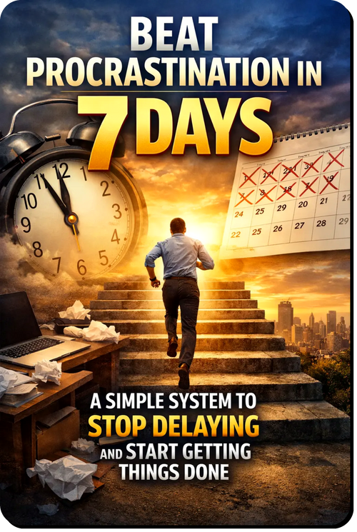 Beat Procrastination in 7 Days guide showing a 7-day system to stop procrastinating, build focus and discipline and take consistent daily action