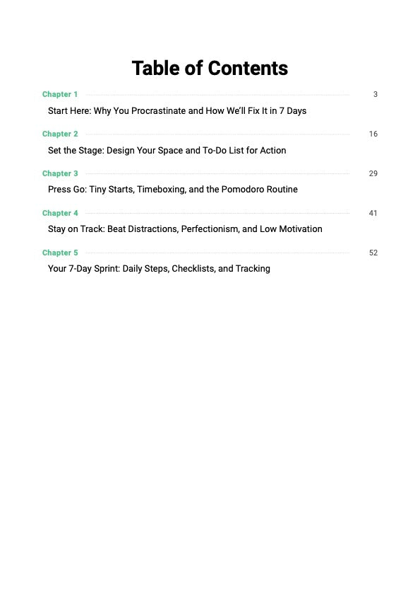 Beat Procrastination in 7 Days guide table of contents showing chapters covering procrastination triggers, focus systems and 7-day action plan to stop delaying and build daily momentum