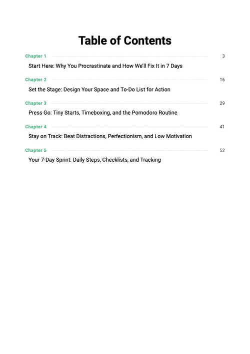Beat Procrastination in 7 Days guide table of contents showing chapters covering procrastination triggers, focus systems and 7-day action plan to stop delaying and build daily momentum