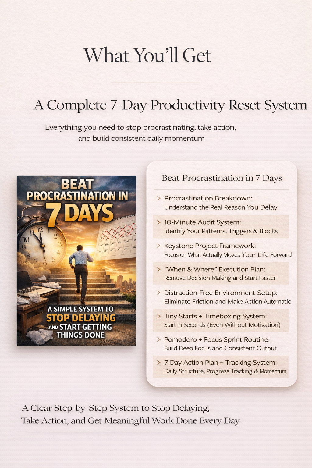 Beat Procrastination in 7 Days guide and productivity reset showing 8 steps from procrastination breakdown to 7-day action plan and tracking system to stop delaying and build consistent daily momentum