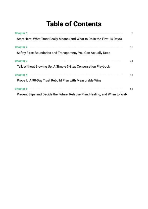 The Betrayal Recovery System guide table of contents showing chapters covering trust rebuilding, emotional safety and step-by-step relationship repair plan after betrayal