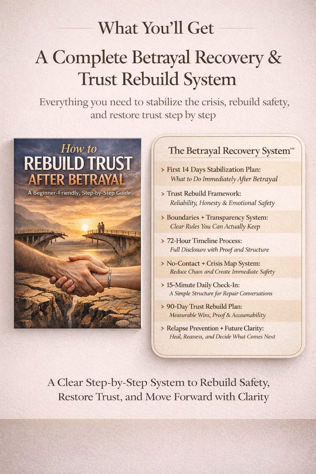 The Betrayal Recovery System guide and trust rebuild system showing 8 steps from first 14 days stabilization plan to relapse prevention and future clarity to rebuild trust after betrayal and restore emotional safety