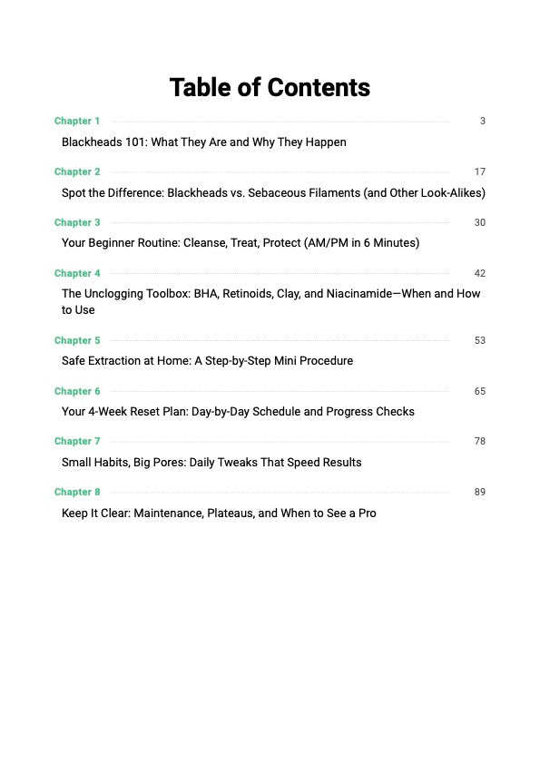 Blackhead Clearing System guide table of contents showing chapters covering pore science, cleansing strategy and blackhead prevention routine