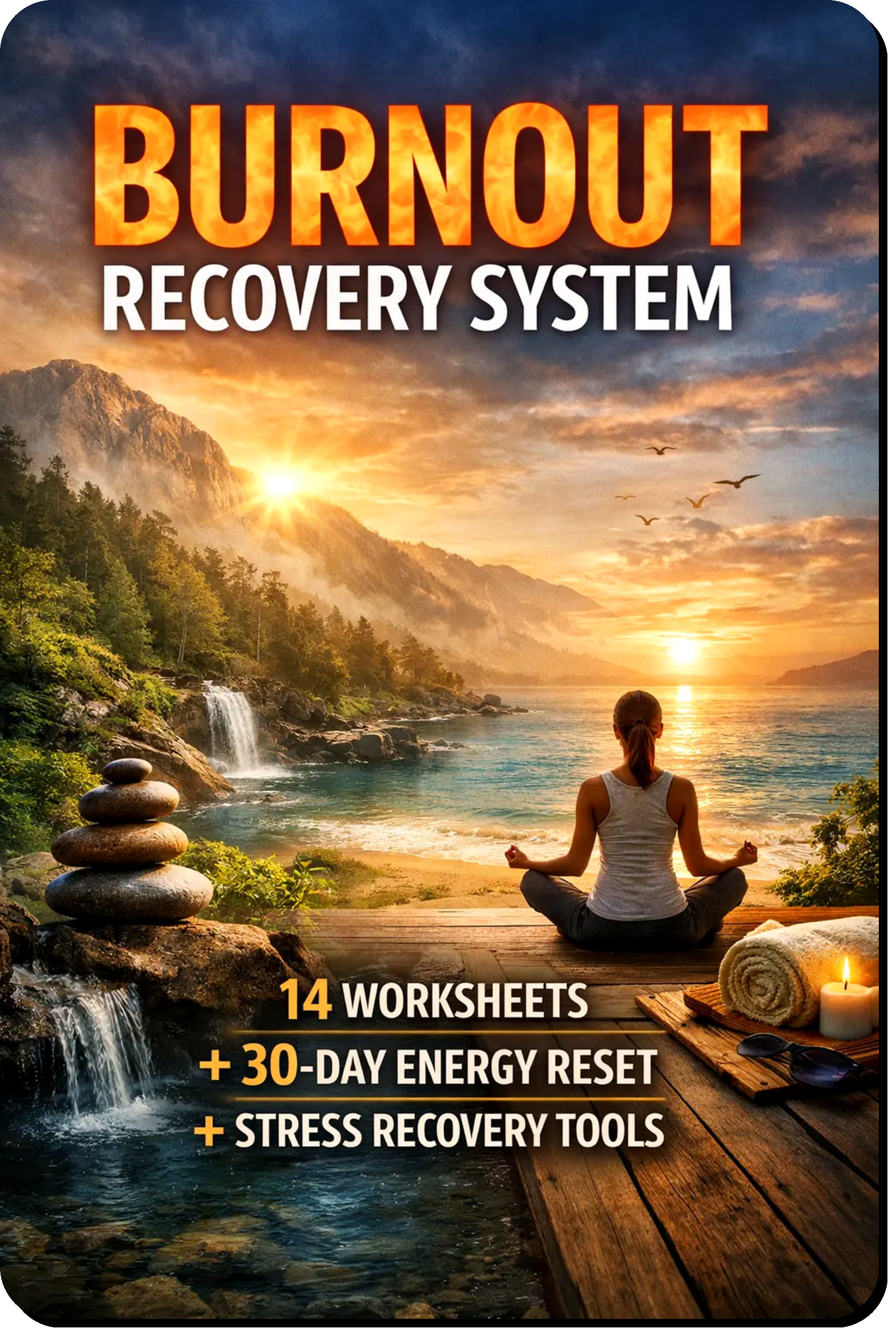 Burnout Recovery System digital workbook with 14 worksheets and a 30 day energy reset plan designed to reduce stress restore energy and improve mental focus.