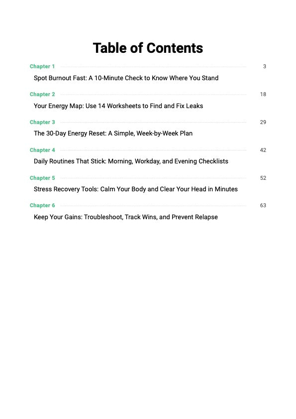 Burnout Recovery System guide table of contents showing chapters covering energy leak identification, nervous system recovery and 30-day energy reset plan
