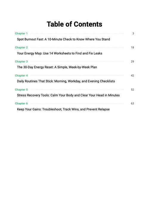 Burnout Recovery System guide table of contents showing chapters covering energy leak identification, nervous system recovery and 30-day energy reset plan
