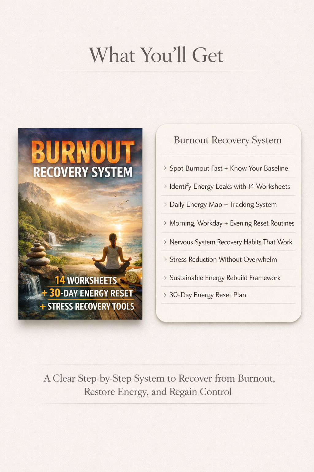 Burnout Recovery System guide and burnout recovery system showing 8 steps from spot burnout fast to 30-day energy reset plan to recover from burnout and restore energy