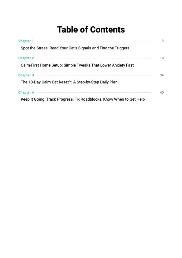 Calm Cat Reset System guide table of contents showing chapters covering cat stress signals, calm home setup and 10-day step-by-step calm cat reset plan