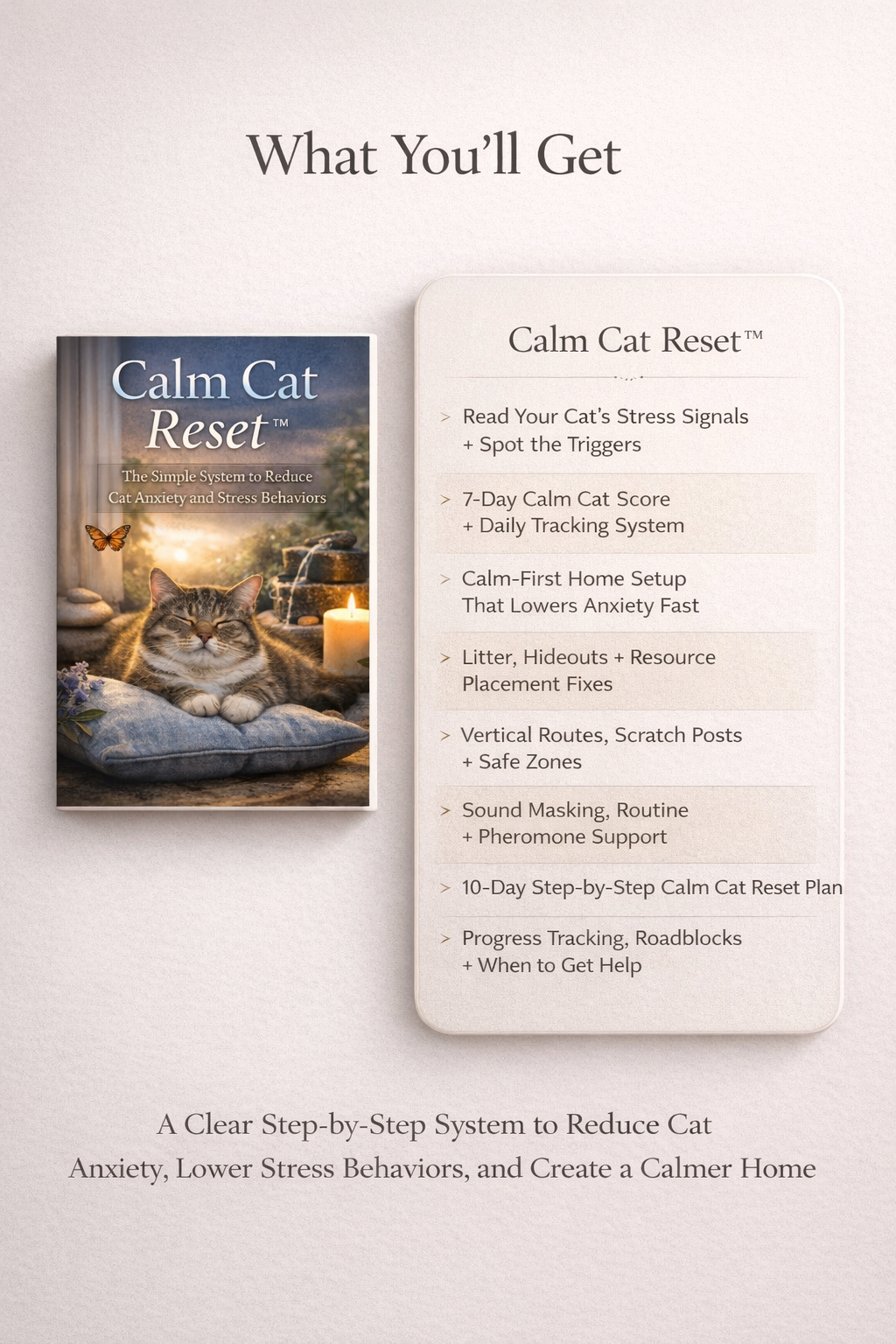 Calm Cat Reset guide and calm cat reset system showing 8 steps from reading cat stress signals to 10-day calm cat reset plan to reduce cat anxiety and stress behaviors