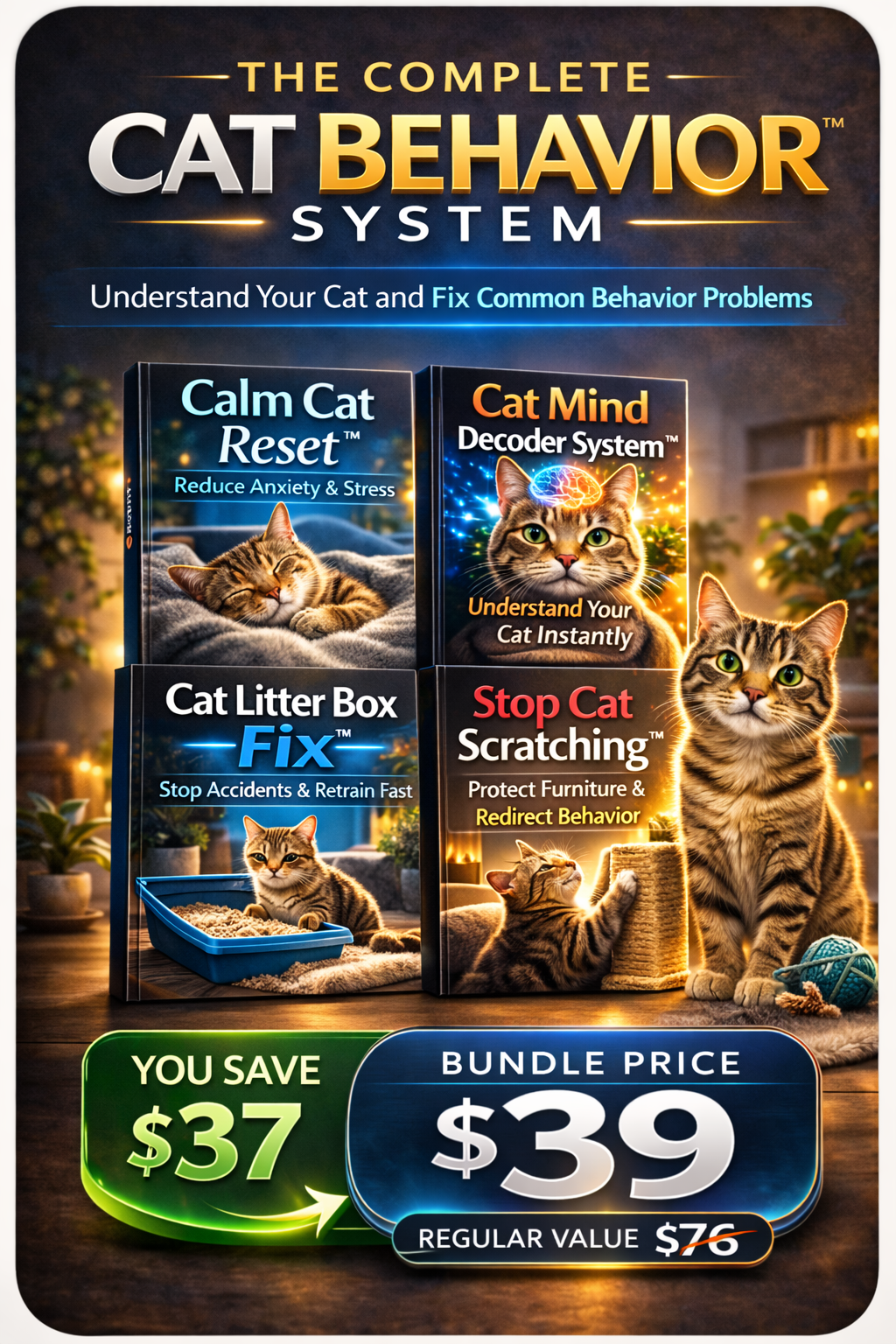 Complete Cat Behavior System bundle including guides to stop scratching, fix litter box problems, reduce cat anxiety and understand cat behavior
