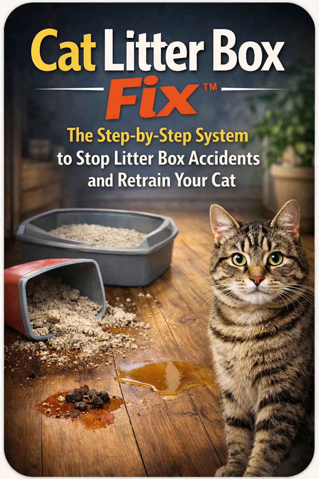 Cat Litter Box Fix System guide showing a 7-day system to stop litter box accidents, identify causes and retrain your cat to restore healthy litter habits