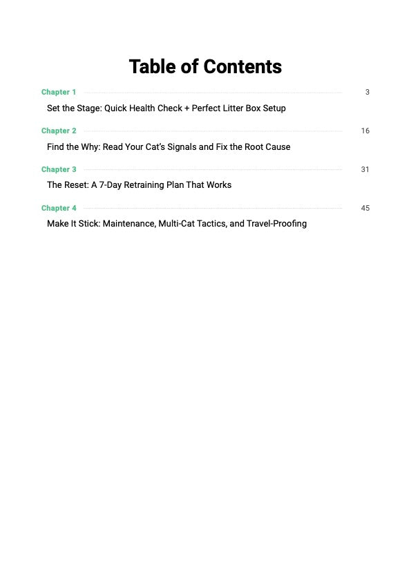 Cat Litter Box Fix System guide table of contents showing chapters covering litter box causes, box setup fixes and 7-day litter habit reset plan