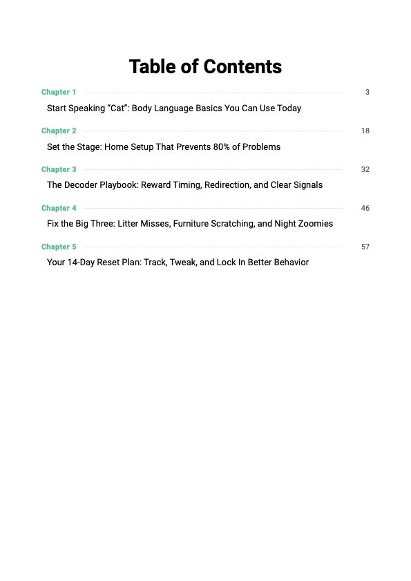 Cat Mind Decoder System guide table of contents showing chapters covering cat body language, behavior signals, scratching fixes and common cat problem solutions