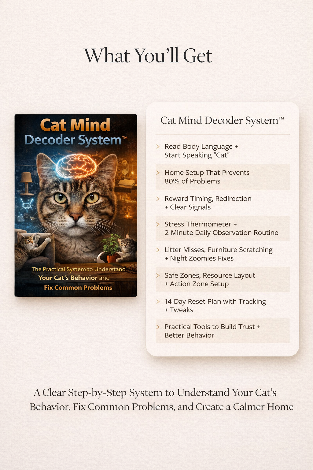 Cat Mind Decoder System guide and cat mind decoder showing 8 steps from reading cat body language to 14-day reset plan to understand cat behavior and fix common problems