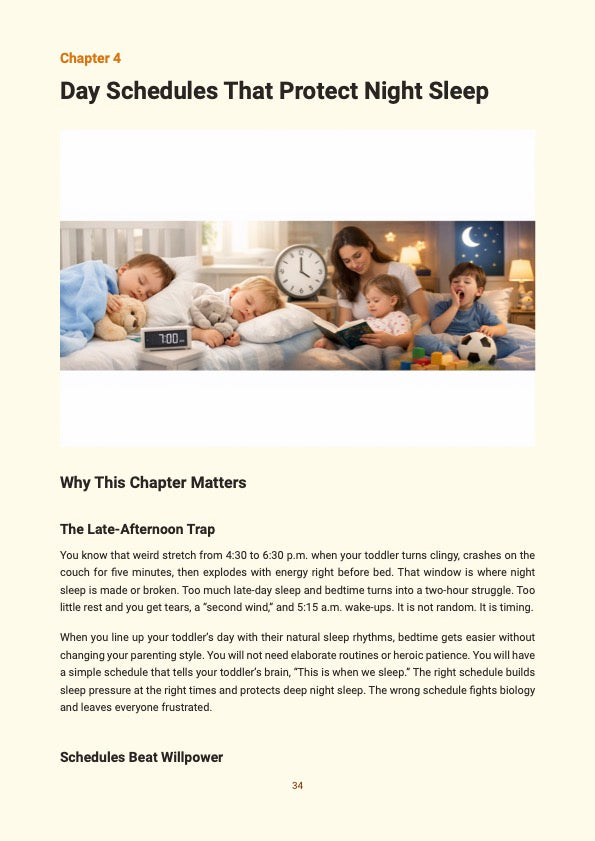 Chapter 4 of the Ultimate Toddler Sleep Guide showing day schedules that protect night sleep with expert tips on late-afternoon routines and toddler sleep timing
