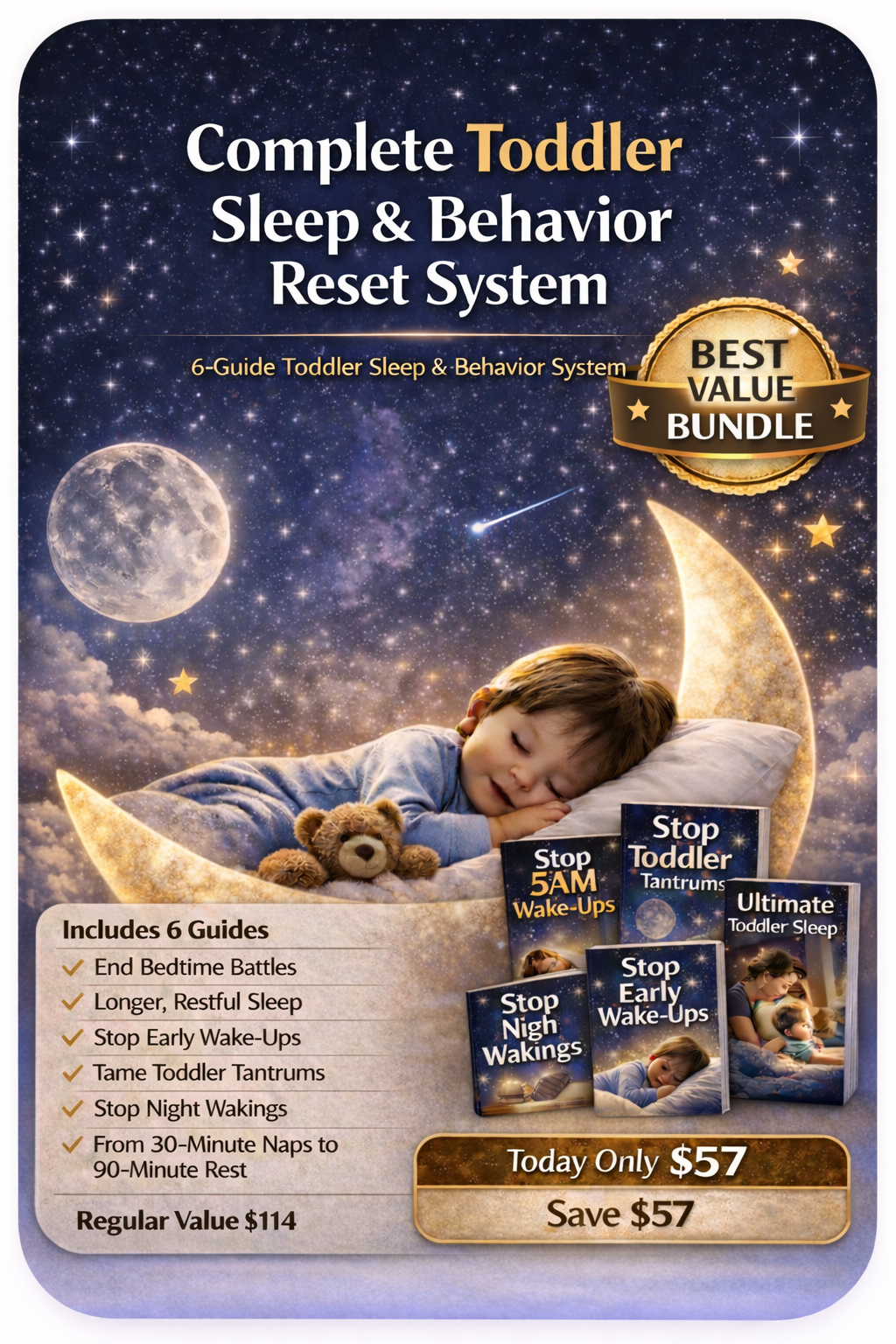 Complete Toddler Sleep and Behavior Reset System bundle including six parenting guides for toddler sleep problems, tantrums, bedtime battles and early wake ups