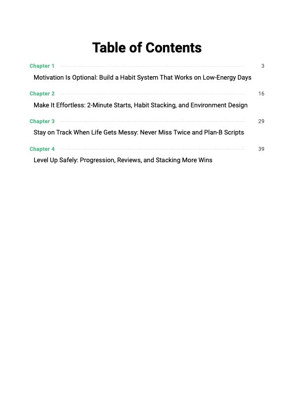 The Consistency System guide table of contents showing chapters covering habit building, discipline system and step-by-step consistency and daily routine reset plan