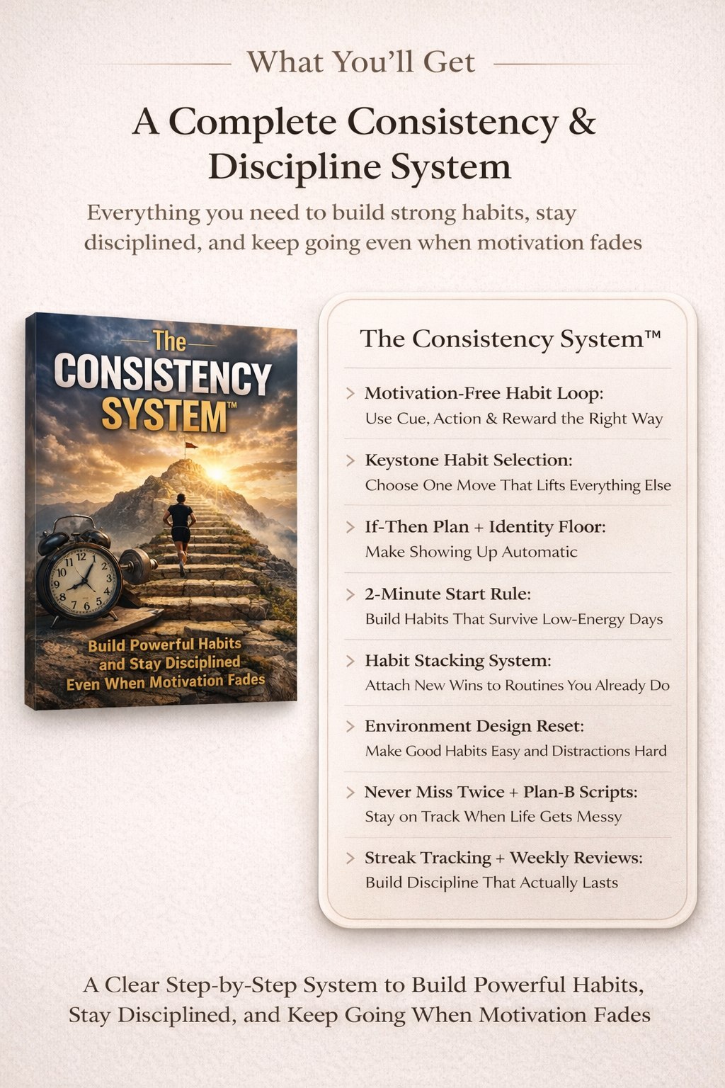 The Consistency System guide and complete consistency and discipline system showing 8 steps from motivation-free habit loop to streak tracking and weekly reviews to build powerful habits and stay disciplined even when motivation fades
