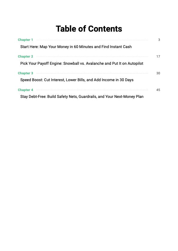 The Debt Escape System guide table of contents showing chapters covering debt payoff strategies, snowball vs avalanche system and step-by-step debt elimination and financial freedom plan