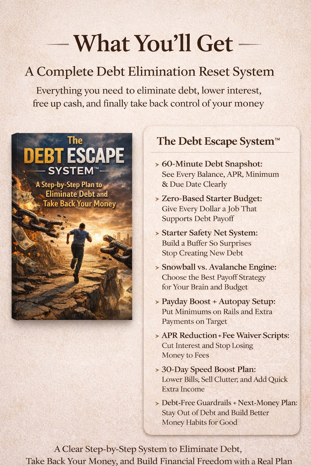 The Debt Escape System guide and complete debt elimination reset showing 8 steps from 60-minute debt snapshot to debt-free guardrails and next-money plan to eliminate debt, take back your money and build financial freedom with a real plan