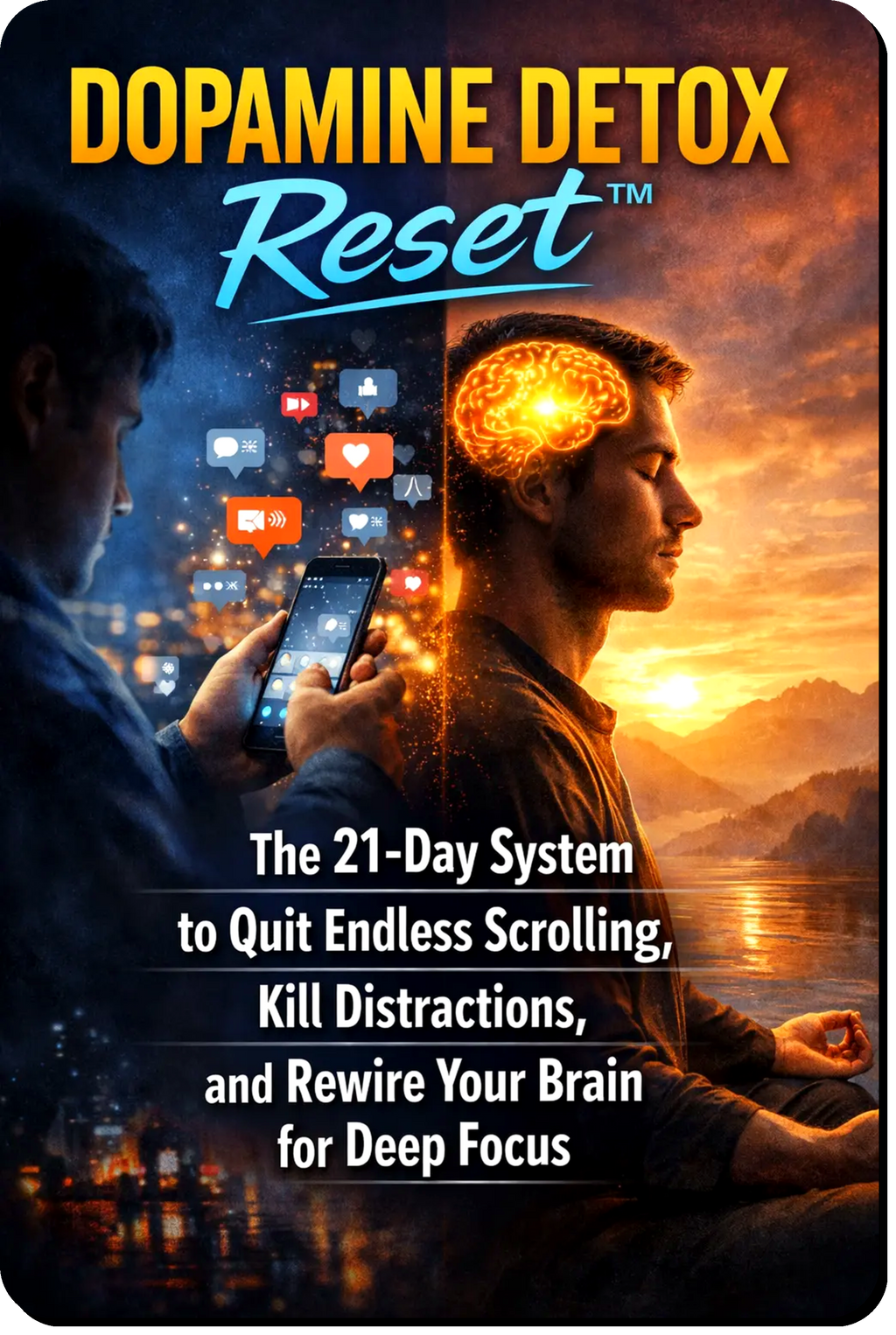 Dopamine Detox Reset System guide showing a 21-day system to stop scrolling, reduce digital distraction and rebuild deep focus and mental clarity