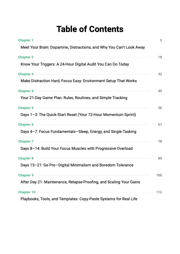 Dopamine Detox Reset System guide table of contents showing chapters covering dopamine science, digital detox plan and 21-day attention reset system