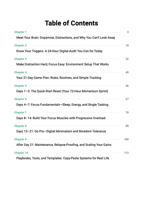 Dopamine Detox Reset System guide table of contents showing chapters covering dopamine science, digital detox plan and 21-day attention reset system