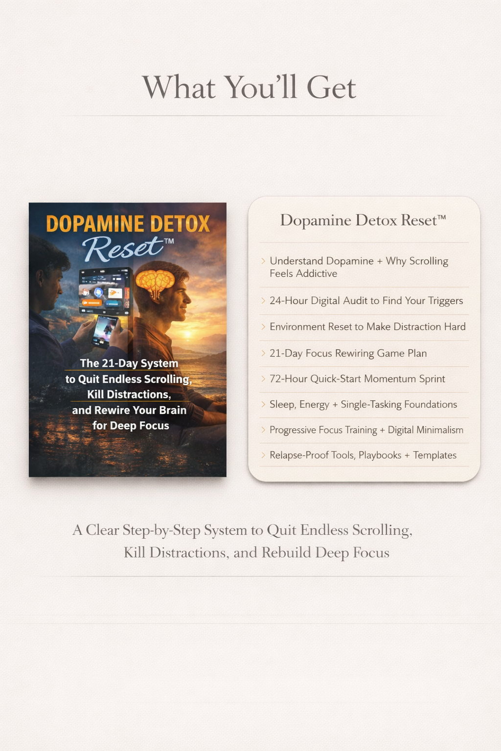Dopamine Detox Reset System guide and dopamine detox reset showing 8 steps from understanding dopamine to relapse-proof tools to quit endless scrolling and rebuild deep focus