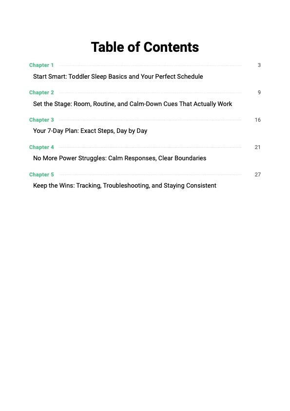 End Bedtime Battles guide table of contents showing 7-day toddler bedtime reset chapters and bedtime routine system