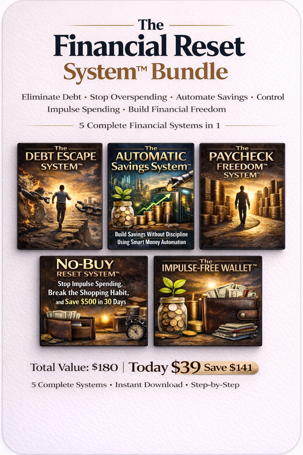 The Financial Reset System Bundle showing 5 complete financial systems including Debt Escape System, Automatic Savings System, Paycheck Freedom System, No-Buy Reset System and Impulse-Free Wallet to eliminate debt, stop overspending and build financial freedom
