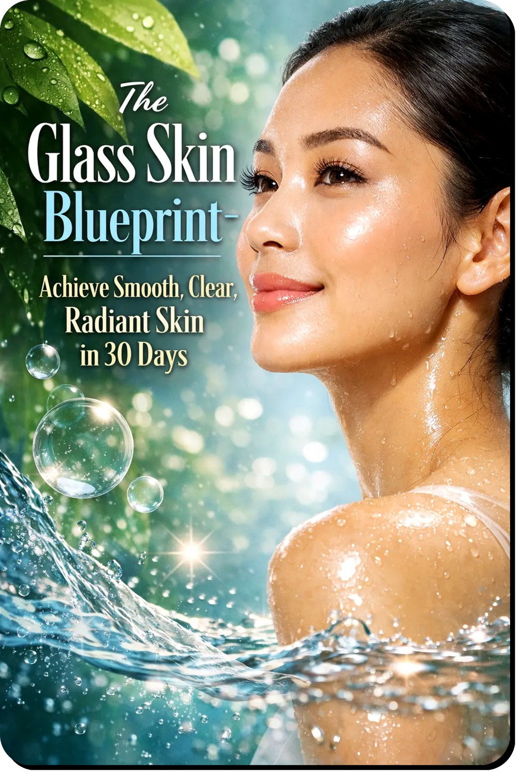 The Glass Skin Blueprint skincare guide showing a 30-day system to achieve smooth clear radiant skin through hydration and barrier repair routines