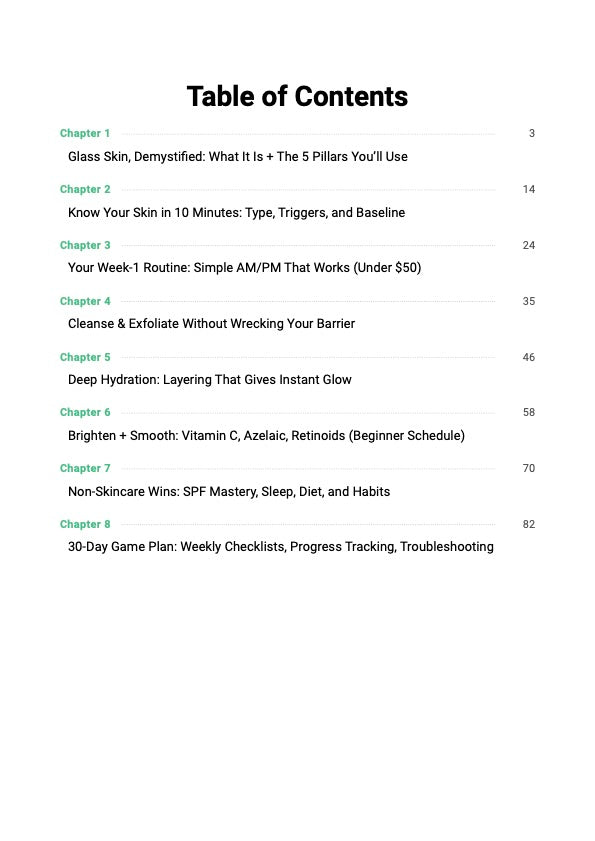 Glass Skin Blueprint guide table of contents showing chapters covering skin barrier repair, hydration layering and 30-day glass skin routine