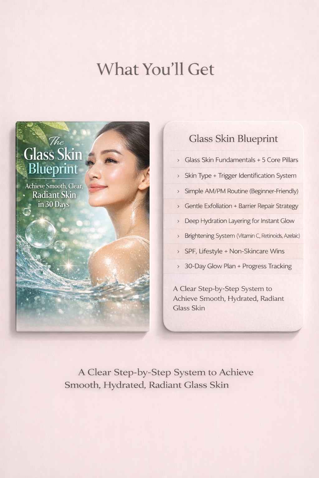 Glass Skin Blueprint guide and glass skin system showing 8 steps from glass skin fundamentals to 30-day glow plan to achieve smooth hydrated radiant glass skin