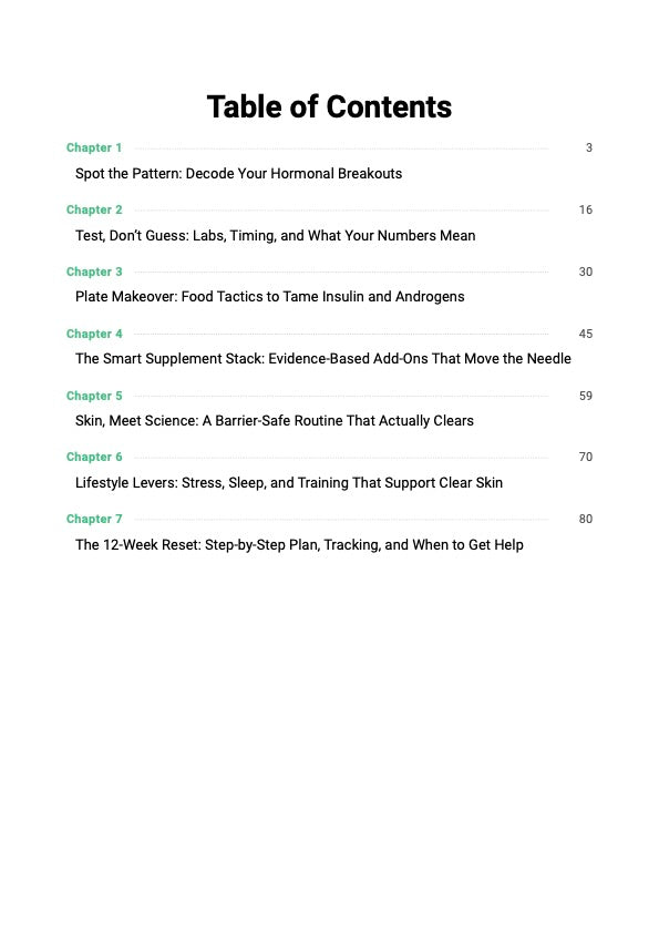 Hormonal Acne Reset guide table of contents showing chapters covering hormone testing, insulin control and 12-week hormonal acne reset roadmap