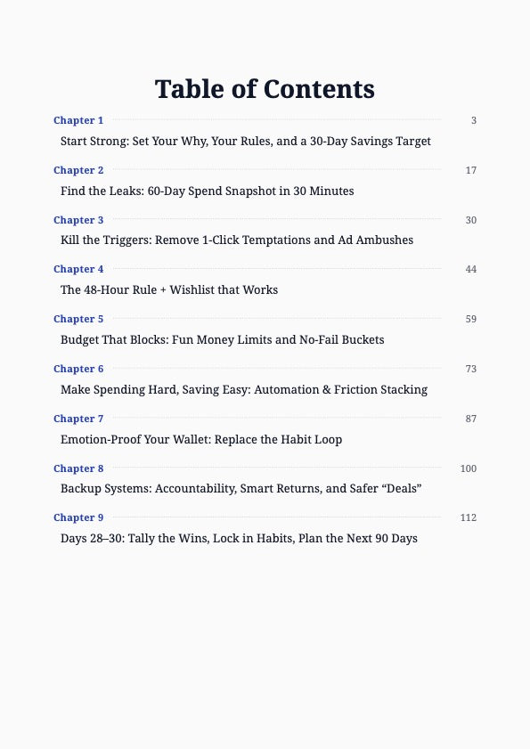 The Impulse-Free Wallet System guide table of contents showing chapters covering impulse buying triggers, spending control system and 30-day money reset plan